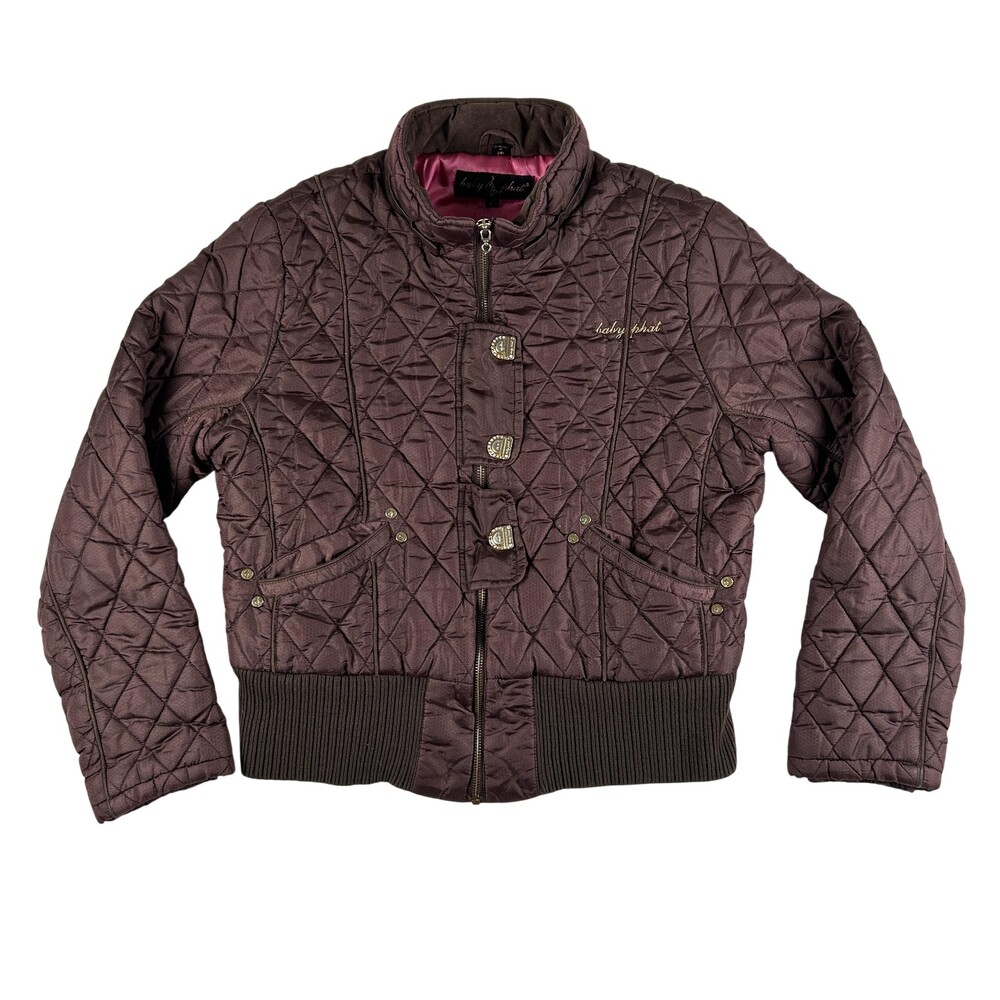Vintage Baby Phat Jacket Womens Large Quilted Bomber Ribbed Hem Logo Y2K Pockets